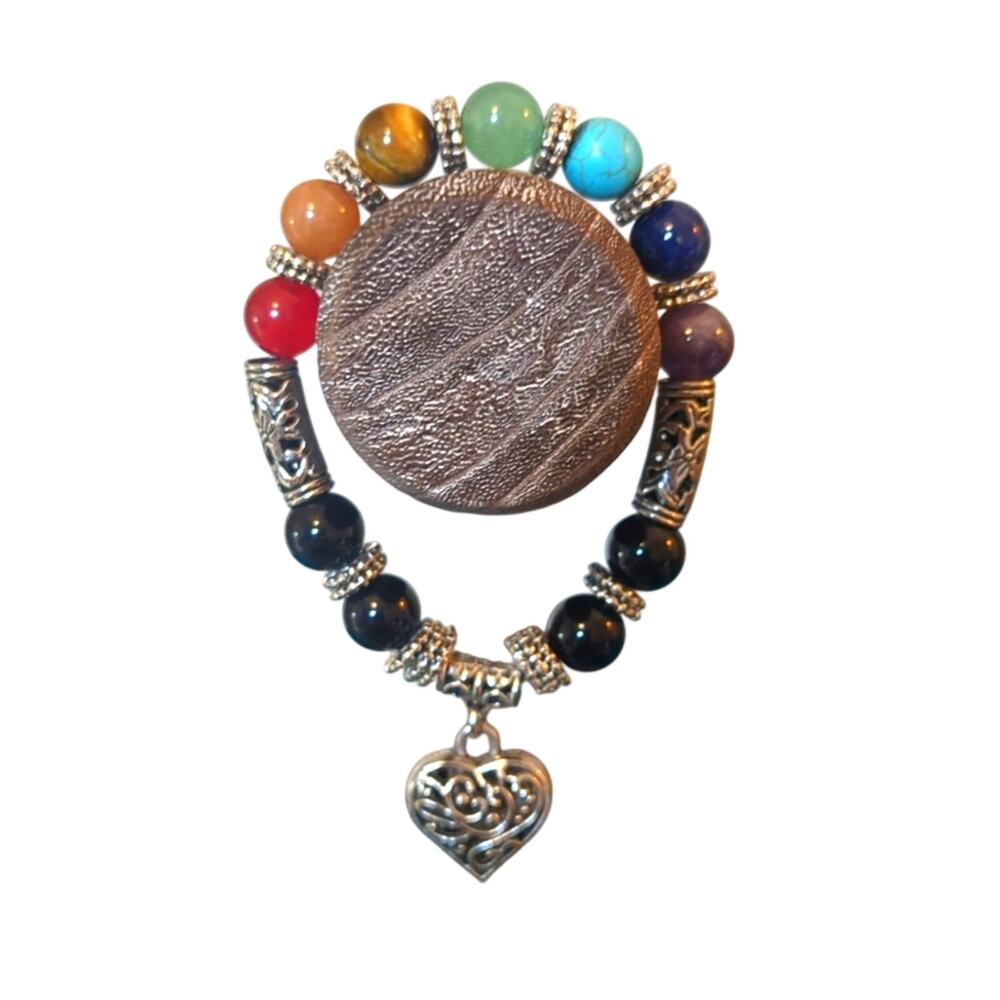 Gemstone Bead Stretch Bracelet with Silver Tone Filigree Puff Heart